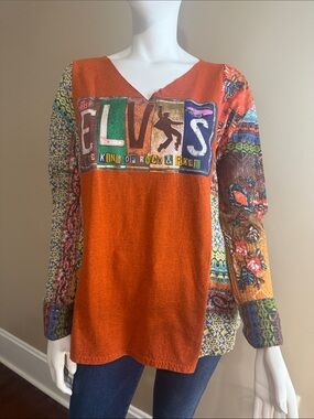 Boho Orange Mixed-Print Long Sleeve Tee - Elvis Graphic